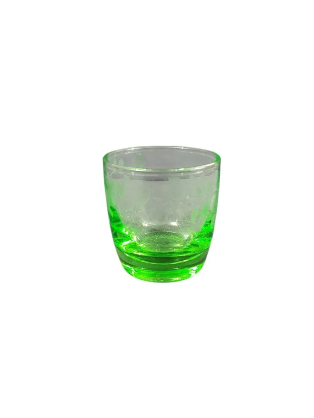 Vintage Uranium Vaseline Wheel Cut Etched Shot Glass Glows 2